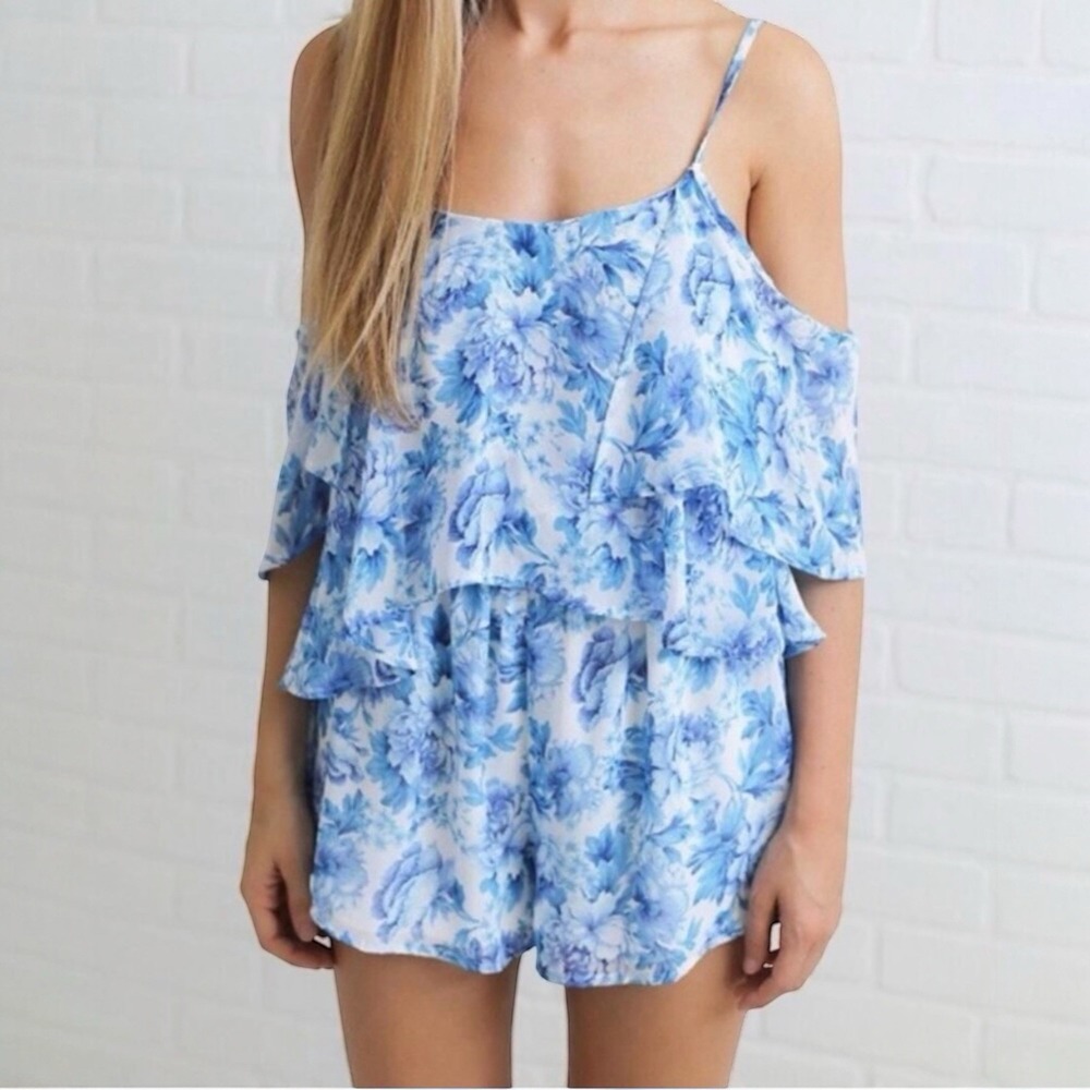Show Me Your MuMu Quinn Ruffle Romper Blue Floral Flowy Off The Shoulder Sz S